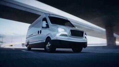 Otoyolda 3 boyutlu beyaz minibüs. Çok hızlı sürüyorsun. Teslimat konsepti. Gerçekçi 4k animasyonu.