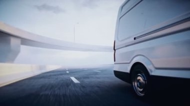 Otoyolda 3 boyutlu beyaz minibüs. Çok hızlı sürüyorsun. Teslimat konsepti. Gerçekçi 4k animasyonu.