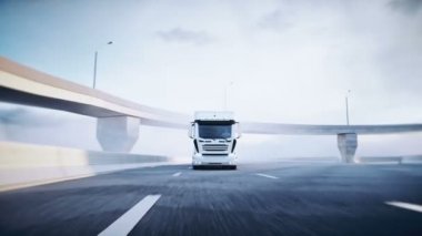 Otobanda 3 boyutlu beyaz bir kamyon var. Çok hızlı sürüyorsun. Teslimat konsepti. Gerçekçi 4k animasyonu.