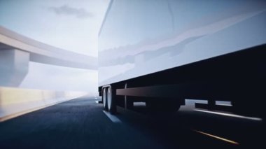 Otobanda 3 boyutlu beyaz bir kamyon var. Çok hızlı sürüyorsun. Teslimat konsepti. Gerçekçi 4k animasyonu.