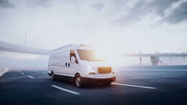 3d generieke witte bestelwagen op de snelweg. Heel snel rijden. Leveringsconcept. Realistische 4k animatie. — Stockvideo