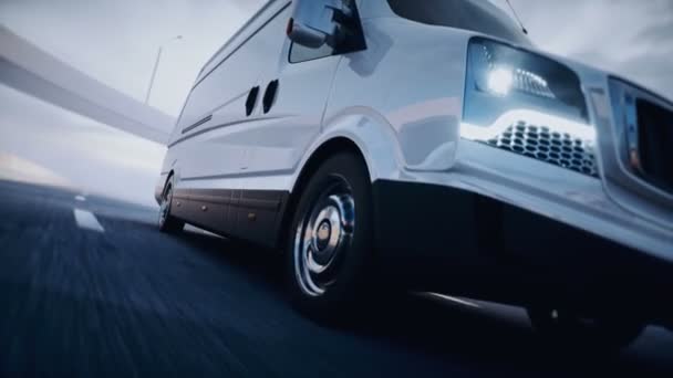 3D ogólny biały van dostawczy na autostradzie. Bardzo szybka jazda. Koncepcja dostawy. Realistyczna animacja 4k. — Wideo stockowe