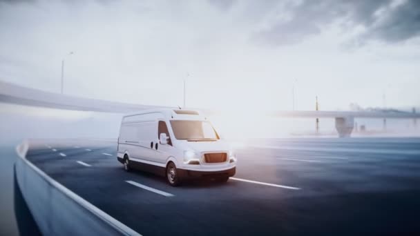 3D ogólny biały van dostawczy na autostradzie. Bardzo szybka jazda. Koncepcja dostawy. Realistyczna animacja 4k. — Wideo stockowe