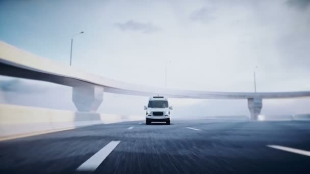 3d genérico furgoneta de entrega blanca en la carretera. Conduce muy rápido. Concepto de entrega. Animación realista 4k. — Vídeo de stock