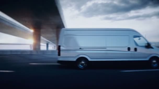 3d generisk vit leverans van på motorvägen. Mycket snabb körning. Leveranskoncept. Realistisk 4k-animation. — Stockvideo