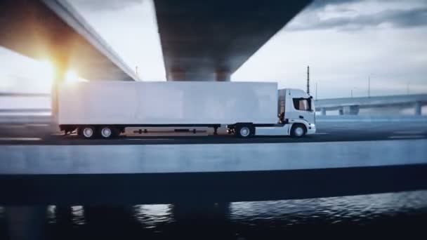 3d generisk vit leverans lastbil på motorvägen. Mycket snabb körning. Leveranskoncept. Realistisk 4k-animation. — Stockvideo