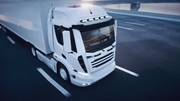 3d camion generic de livrare alb pe autostradă. Conducere foarte rapidă. Conceptul de livrare. Animație realistă 4k . — Videoclip de stoc