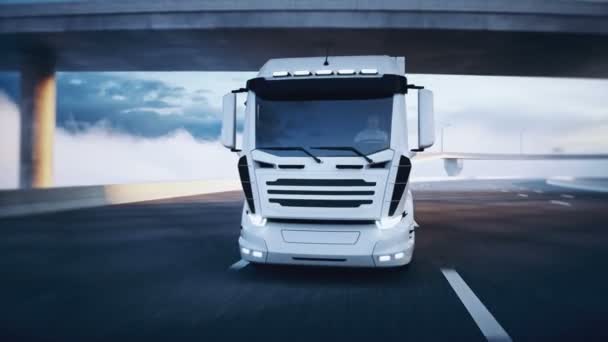 3D generische weiße Lieferwagen auf der Autobahn. Sehr schnelles Fahren. Lieferkonzept. Realistische 4k-Animation. — Stockvideo