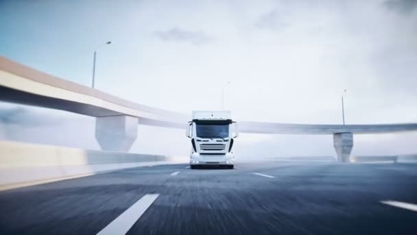 3d genius white delivery take on highway. Очень быстрое вождение. Концепция доставки. Реалистичная анимация 4k. — стоковое видео