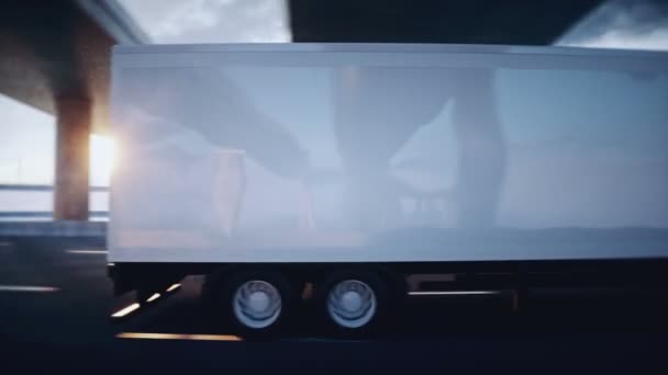 Camion de livraison blanc générique 3d sur l'autoroute. Conduite très rapide. Concept de livraison. Animation réaliste 4k. — Video