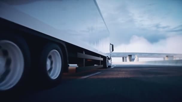 3d generic white delivery truck on highway. Very fast driving. Delivery concept. Realistic 4k animation. — Stock Video