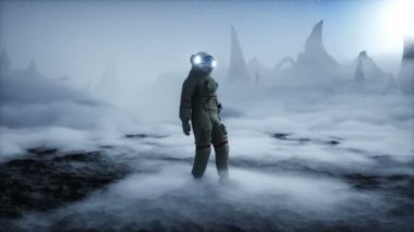 Yabancı gezegendeki astronot. Mars yüzeyi. Uzay yolculuğu. Gerçekçi 4k animasyonu.