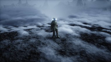 Yabancı gezegendeki astronot. Mars yüzeyi. Uzay yolculuğu. 3d oluşturma.