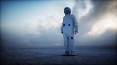 Fütürist kıyamet şehrinde yalnız bir astronot. 3d oluşturma.