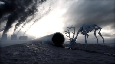 Ekoloji kirliliği kavramı. Kirli karanlık atmosfer. Geyik iskeleti. Ekolojik bir sorun. Fabrika dumanı. 3d oluşturma.