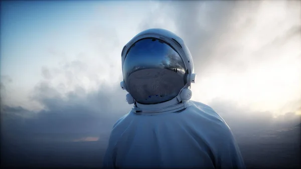 Astronauta solitário na cidade apocalíptica futurista. Renderização 3d. — Fotografia de Stock