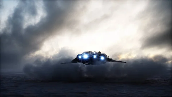 Vaisseau futuriste atterrissant dans le désert apocalyptique. Rendu 3d. — Photo
