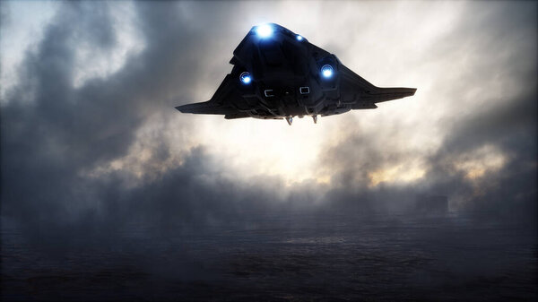 futuristic ship landing in apocalyptic desert. 3d rendering.