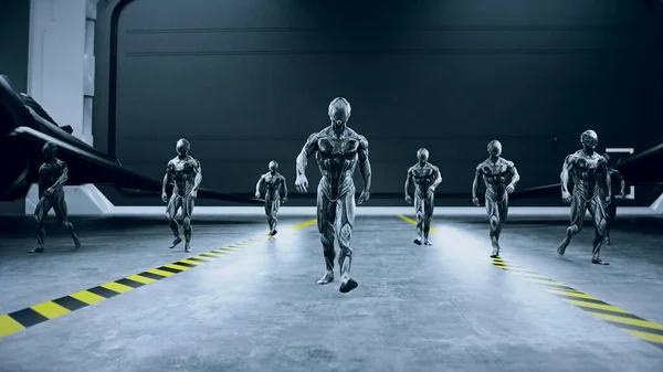 軍事宇宙未来の兵士は軍事宇宙基地を歩く。3Dレンダリング. — ストック写真