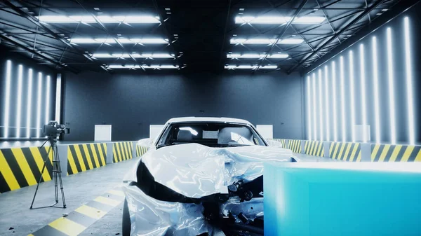 Standart 3 boyutlu araba kazası testi. Araba tahribatı. 3d oluşturma.