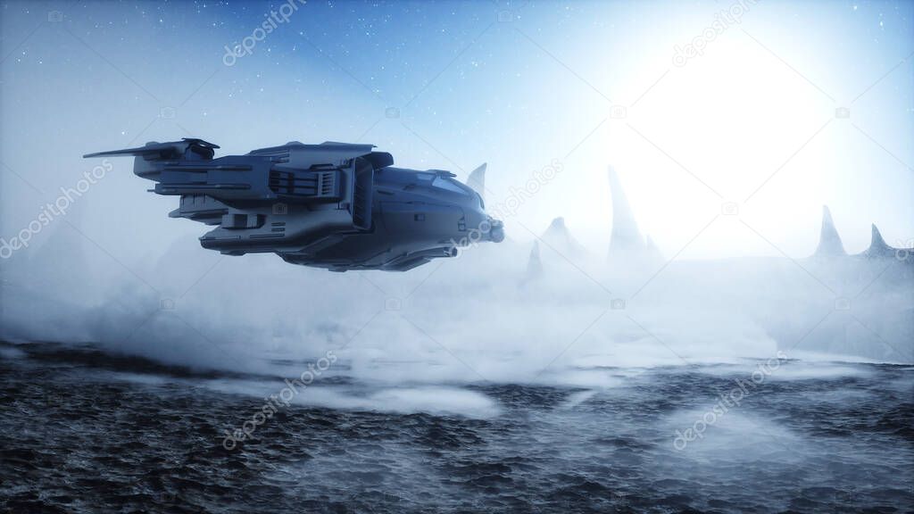 futuristic ship landing on alien planet. Mars surface. 3d rendering.