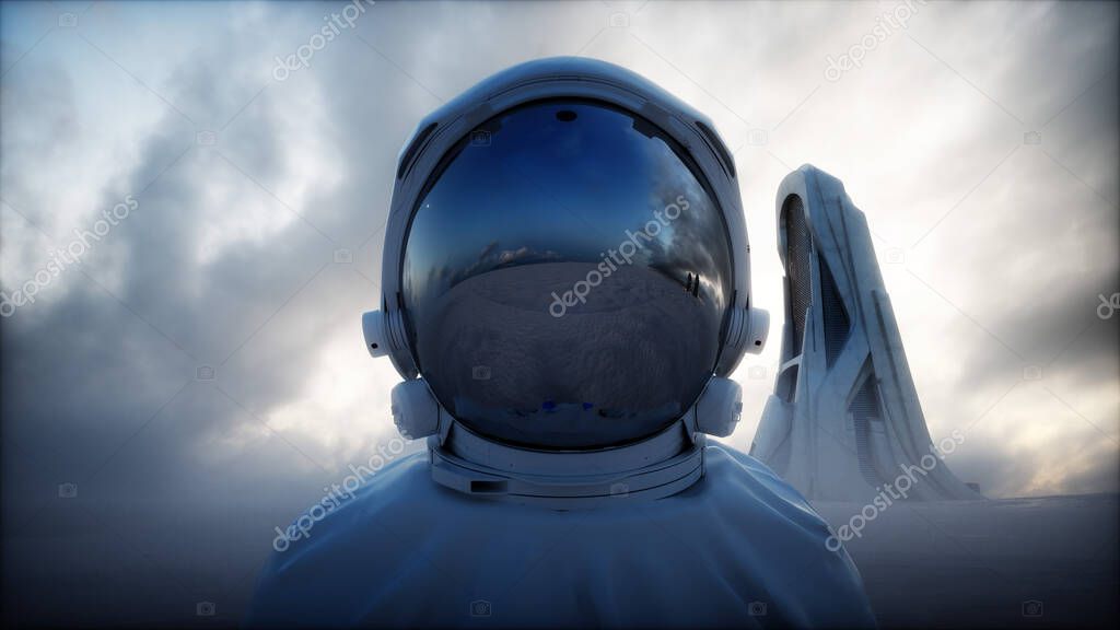 Lonely astronaut in futuristic apocalyptic city. 3d rendering.