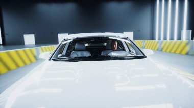 Çarpışma mankeni ile standart 3D araba kazası testi. Araba tahribatı. 3d hazırlayıcı.