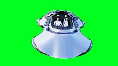 Fütürist bilim kurgu uçan araba, bir kızla. Yeşil ekran izole edildi. 3d oluşturma.