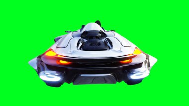 Fütürist bilim kurgu uçan araba, bir kızla. Yeşil ekran izole edildi. 3d oluşturma.