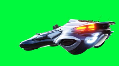 Fütürist bilim kurgu uçan araba, bir kızla. Yeşil ekran izole edildi. 3d oluşturma.