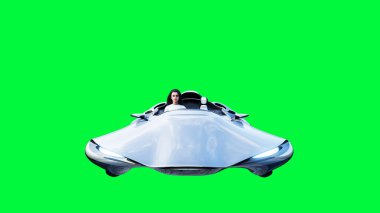Fütürist bilim kurgu uçan araba, bir kızla. Yeşil ekran izole edildi. 3d oluşturma.
