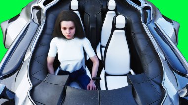Fütürist bilim kurgu uçan araba, bir kızla. Yeşil ekran izole edildi. 3d oluşturma.