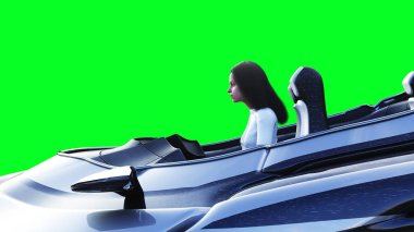 Fütürist bilim kurgu uçan araba, bir kızla. Yeşil ekran izole edildi. 3d oluşturma.