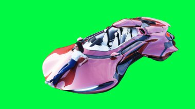 Fütürist bilim kurgu uçan araba, bir kızla. Yeşil ekran izole edildi. 3d oluşturma.