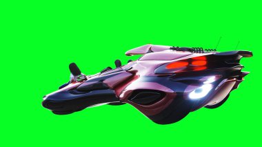 Fütürist bilim kurgu uçan araba, bir kızla. Yeşil ekran izole edildi. 3d oluşturma.
