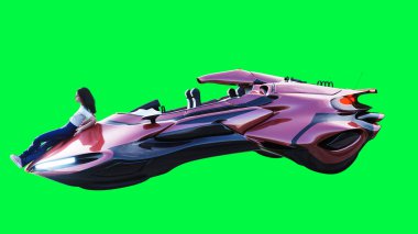 Fütürist bilim kurgu uçan araba, bir kızla. Yeşil ekran izole edildi. 3d oluşturma.