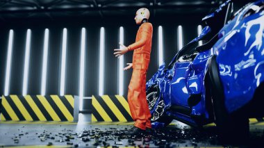 Robot kaza testi mankeni tahrip edilmiş araba kazası testinin yanında oturuyor. Gelecek konsepti. 3d oluşturma.
