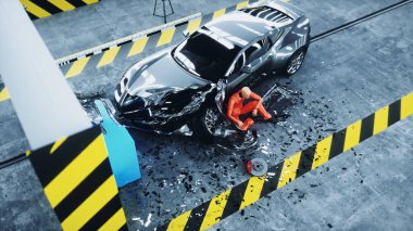 Robot kaza testi mankeni tahrip edilmiş araba kazası testinin yanında oturuyor. Gelecek konsepti. 3d oluşturma.
