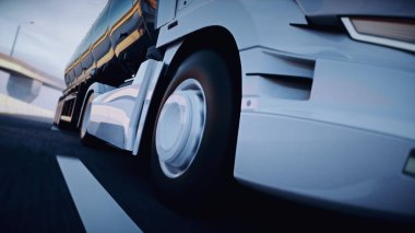 Otobandaki petrol kamyonu. Çok hızlı sürüyorsun. Teslimat konsepti. 3d oluşturma.