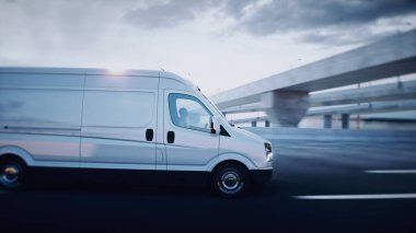 Otobandaki beyaz minibüs. Çok hızlı sürüyorsun. Teslimat konsepti. 3d oluşturma.