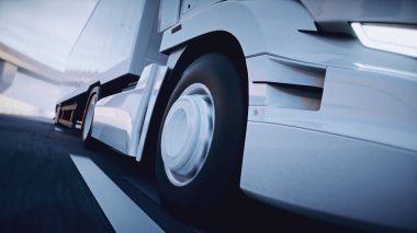 Otobanda beyaz teslimat kamyonu. Çok hızlı sürüyorsun. Teslimat konsepti. 3d oluşturma.