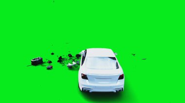 Beyaz jenerik 3D araba görünmez duvara çarpıyor. Araba kazası konsepti. 3d hazırlayıcı.