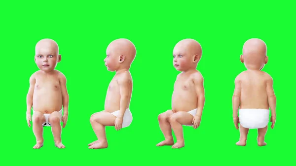 재밌는 아기야, 얘들아. 녹색 화면 3d 렌더링. — 스톡 사진