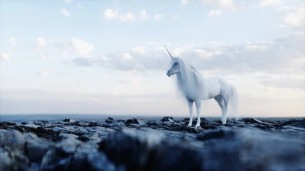 Debout licorne magique blanche en roches.3d rendu. — Photo