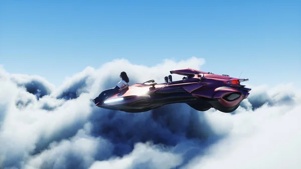 Giovane ragazza su una macchina volante tra le nuvole. Concetto futuro. rendering 3d. — Foto Stock