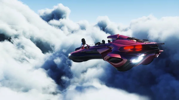 Mladá dívka na létajícím autě v oblacích. Budoucí koncept. 3D vykreslování. — Stock fotografie