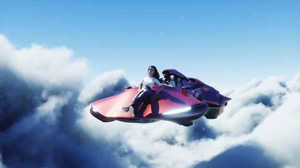 Chica joven en un coche volador en las nubes. Concepto futuro. renderizado 3d. —  Fotos de Stock