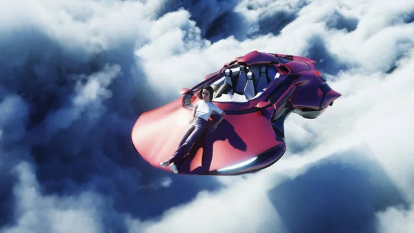 Fiatal lány egy repülő autóval a felhők között. Jövőbeli koncepció. 3D-s renderelés. — Stock Fotó