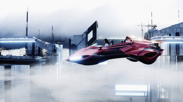Молодая девушка на летающей машине в облаках. Будущее концепции. 3d-рендеринг.