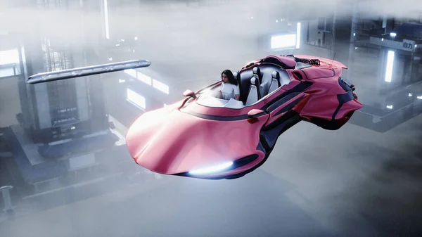 구름 위에서 날아다니는 차에 탄 소녀. 미래 개념. 3d 렌더링. — 스톡 사진